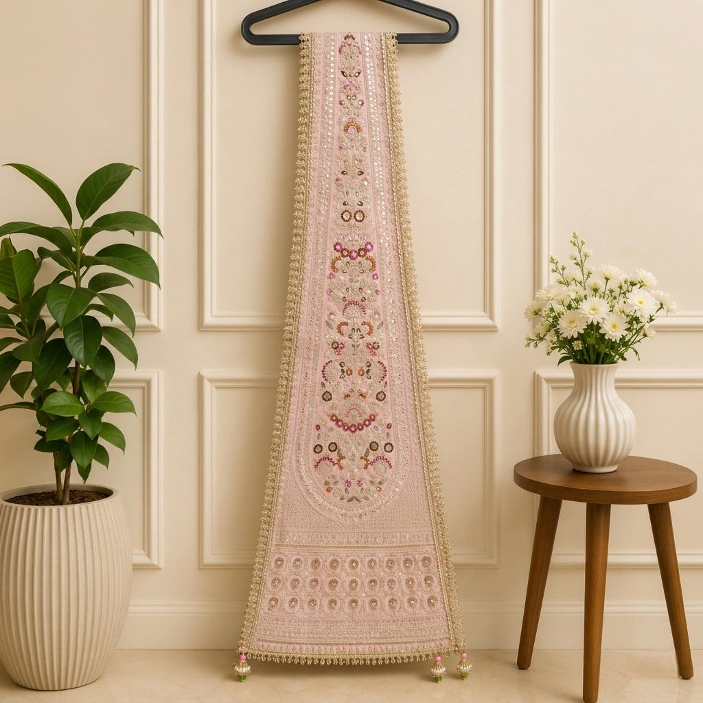 Elegant Pastel Pink Embroidered Wedding Dupatta