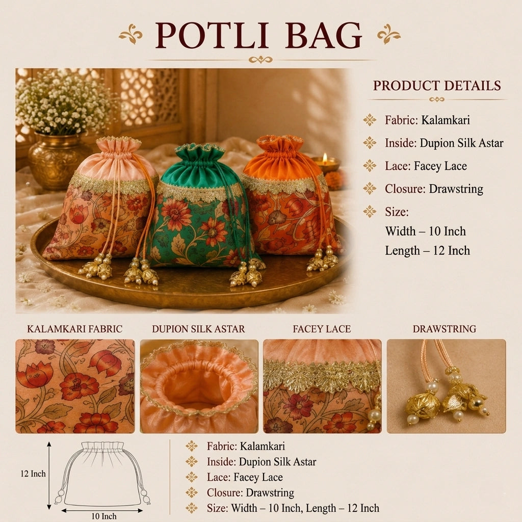 Kalamkari Print Potli Bag for Women – Ethnic Drawstring Pouch (Multiple Colors)