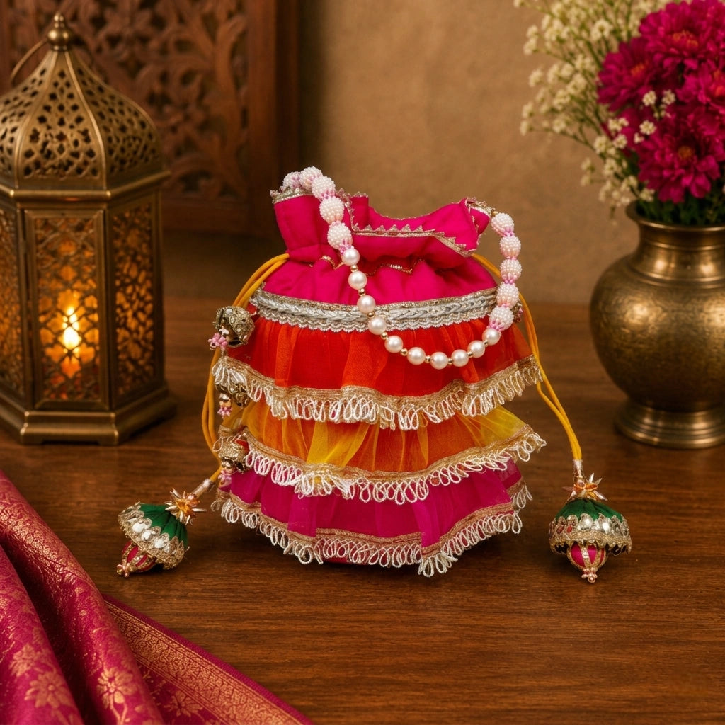 Designer Frill Potli Bag for Women – Dupion Silk Ethnic Party Bag with Moti Handle