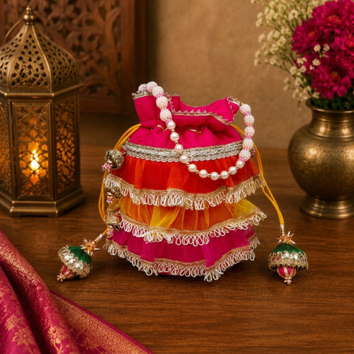 Designer Frill Potli Bag for Women – Dupion Silk Ethnic Party Bag with Moti Handle