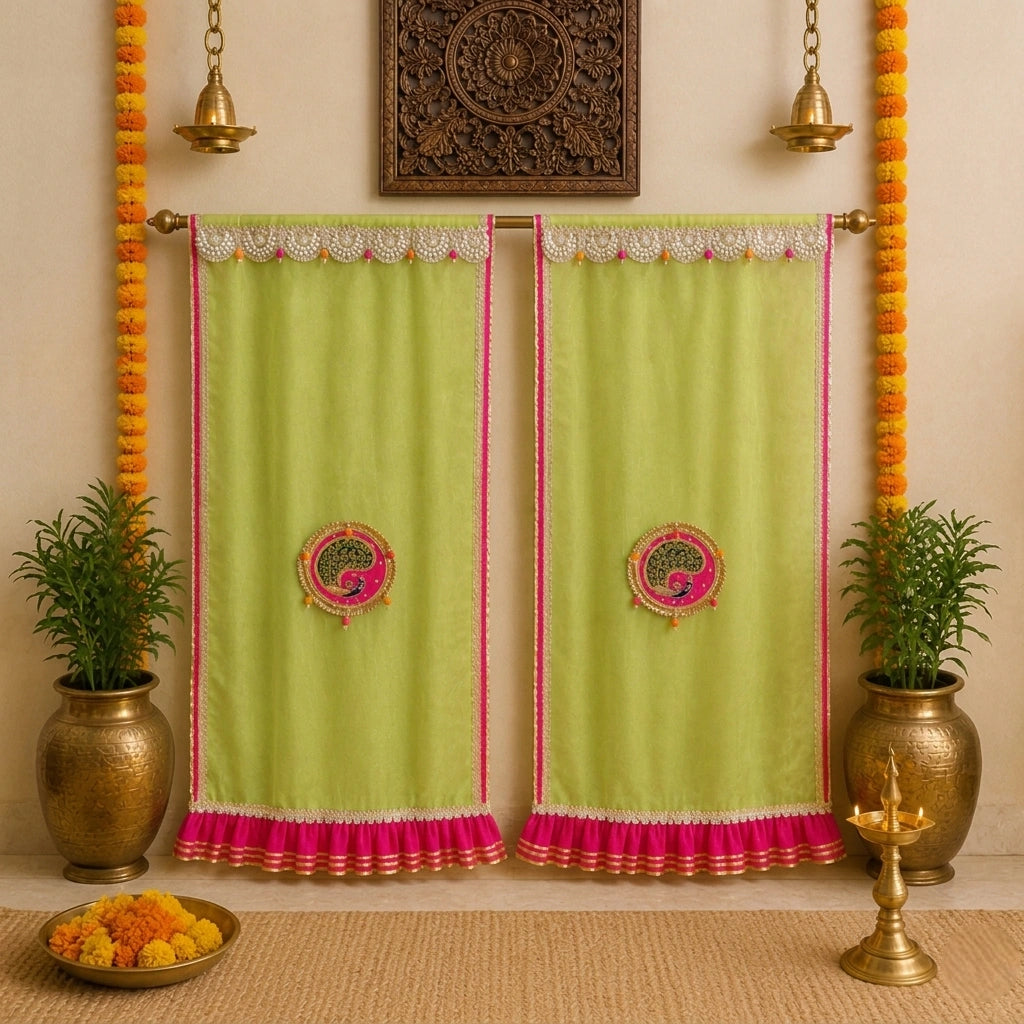 Mandir Curtains for Pooja Room – Fancy Lace & Gota Patti Design