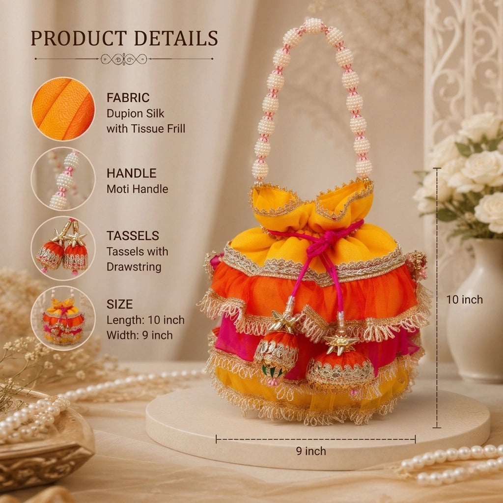 Designer Frill Potli Bag for Women – Dupion Silk Ethnic Party Bag with Moti Handle
