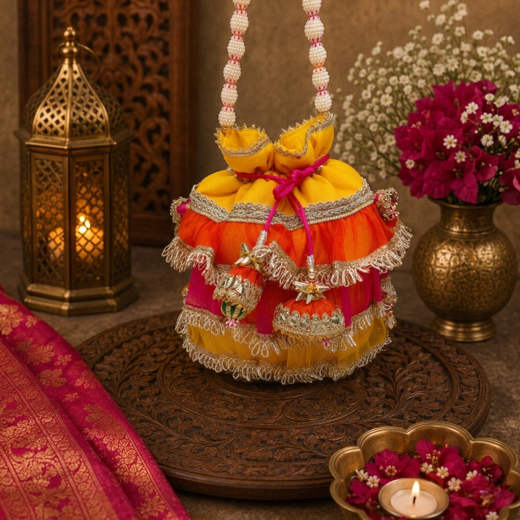 Designer Frill Potli Bag for Women – Dupion Silk Ethnic Party Bag with Moti Handle