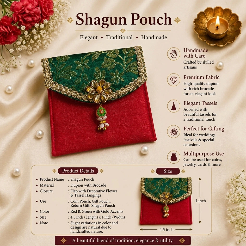 Shagun Pouch – Dupion & Brocade Gift Pouch (Red Green)