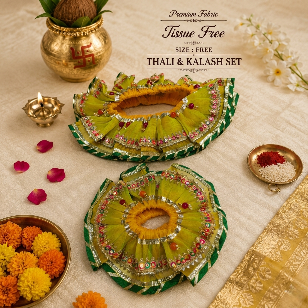 Green Tissue Thali & Kalash Frill Set