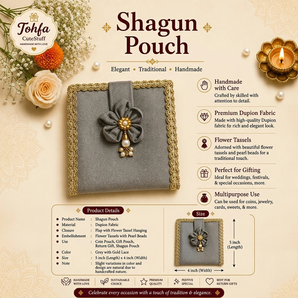 Shagun Coin Pouch with Flower Tassel – Dupion Grey & Gold