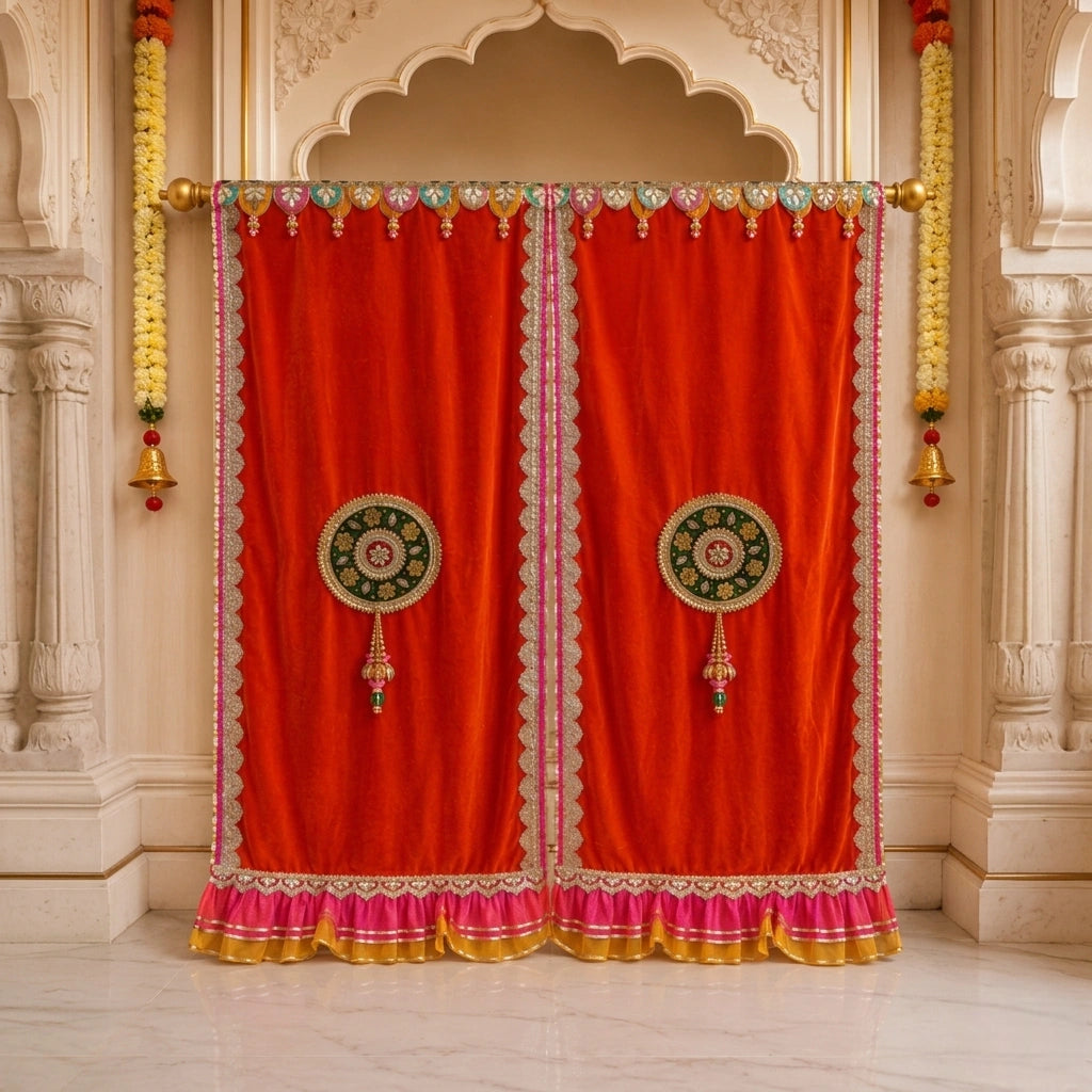 Luxury Velvet Mandir Curtains for Pooja Room – Gota Patti Designer Curtains
