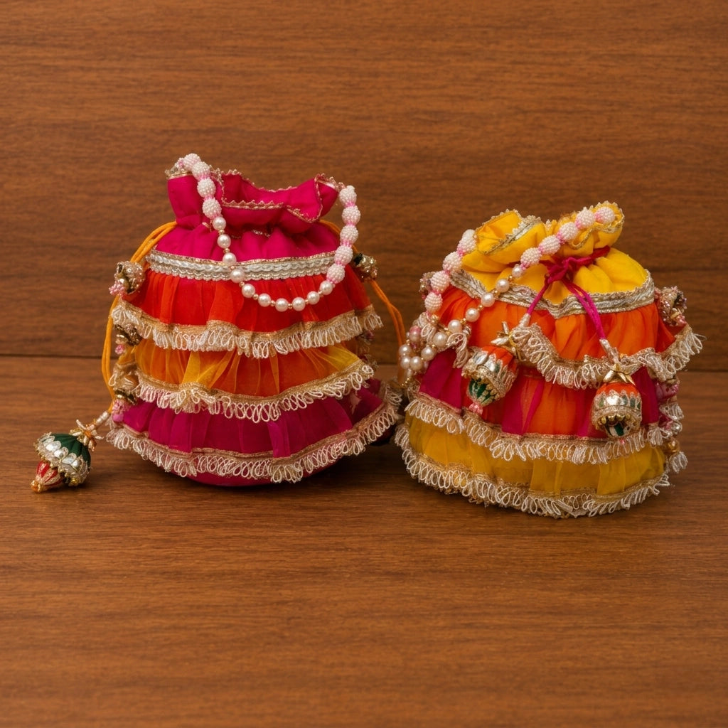 Designer Frill Potli Bag for Women – Dupion Silk Ethnic Party Bag with Moti Handle