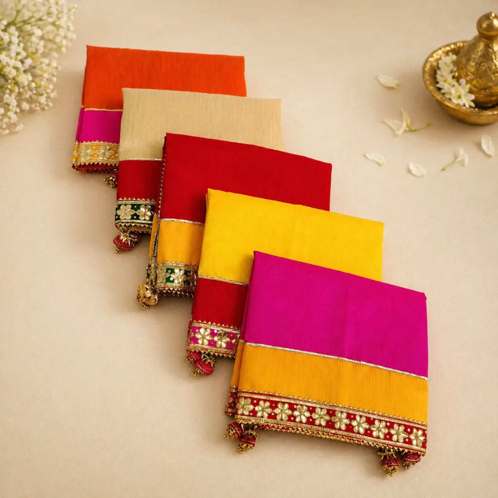 Dupion Fabric Pooja Mat with Gota Patti Lace Border – Multi-Color Decorative Chowki Aasan