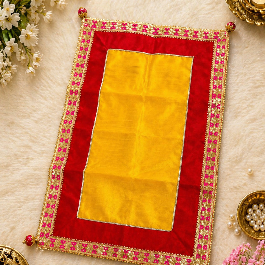 Dupion Fabric Pooja Mat with Gota Patti Lace Border – Multi-Color Decorative Chowki Aasan