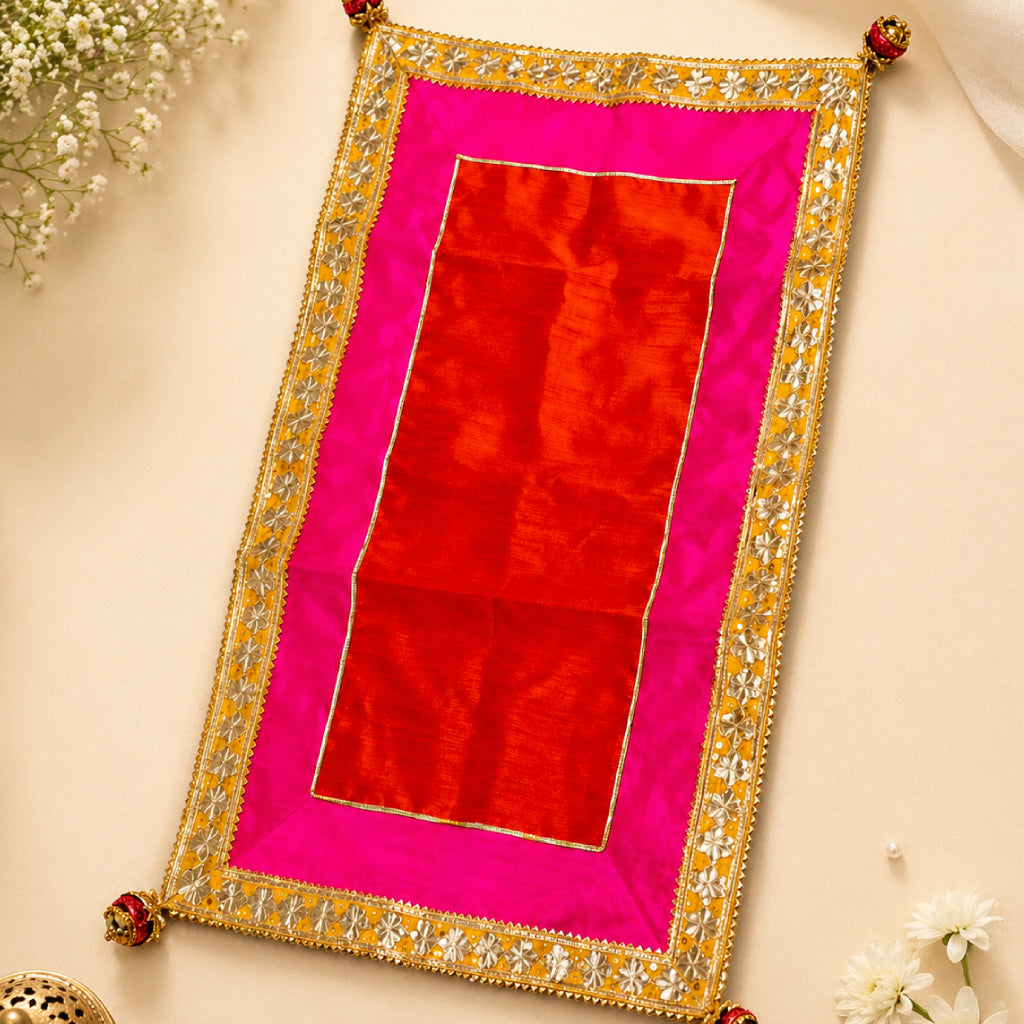 Dupion Fabric Pooja Mat with Gota Patti Lace Border – Multi-Color Decorative Chowki Aasan