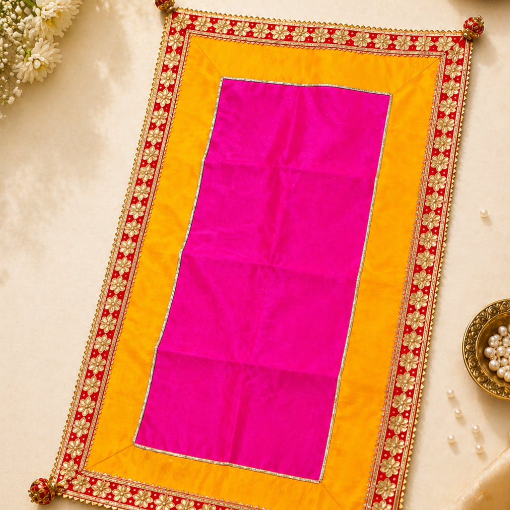 Dupion Fabric Pooja Mat with Gota Patti Lace Border – Multi-Color Decorative Chowki Aasan