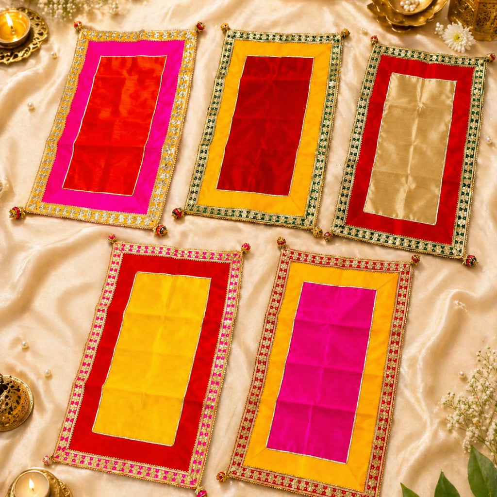 Dupion Fabric Pooja Mat with Gota Patti Lace Border – Multi-Color Decorative Chowki Aasan