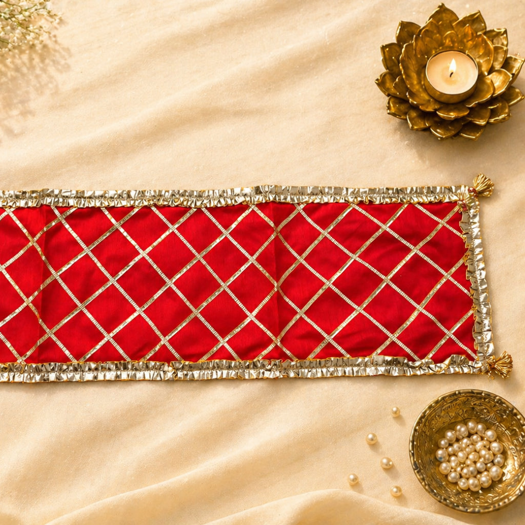 Traditional Dupion Silk Pooja Aasan / Chowki Cloth with Gota Patti Lace – Multi Color