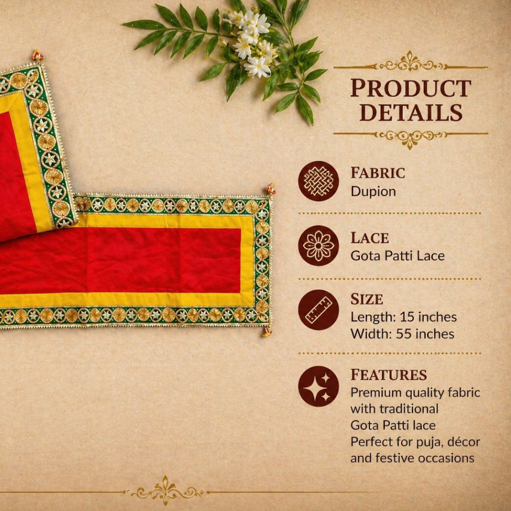 Dupion Fabric Puja Chowki Cloth with Traditional Gota Patti Lace | Multi-Color Available