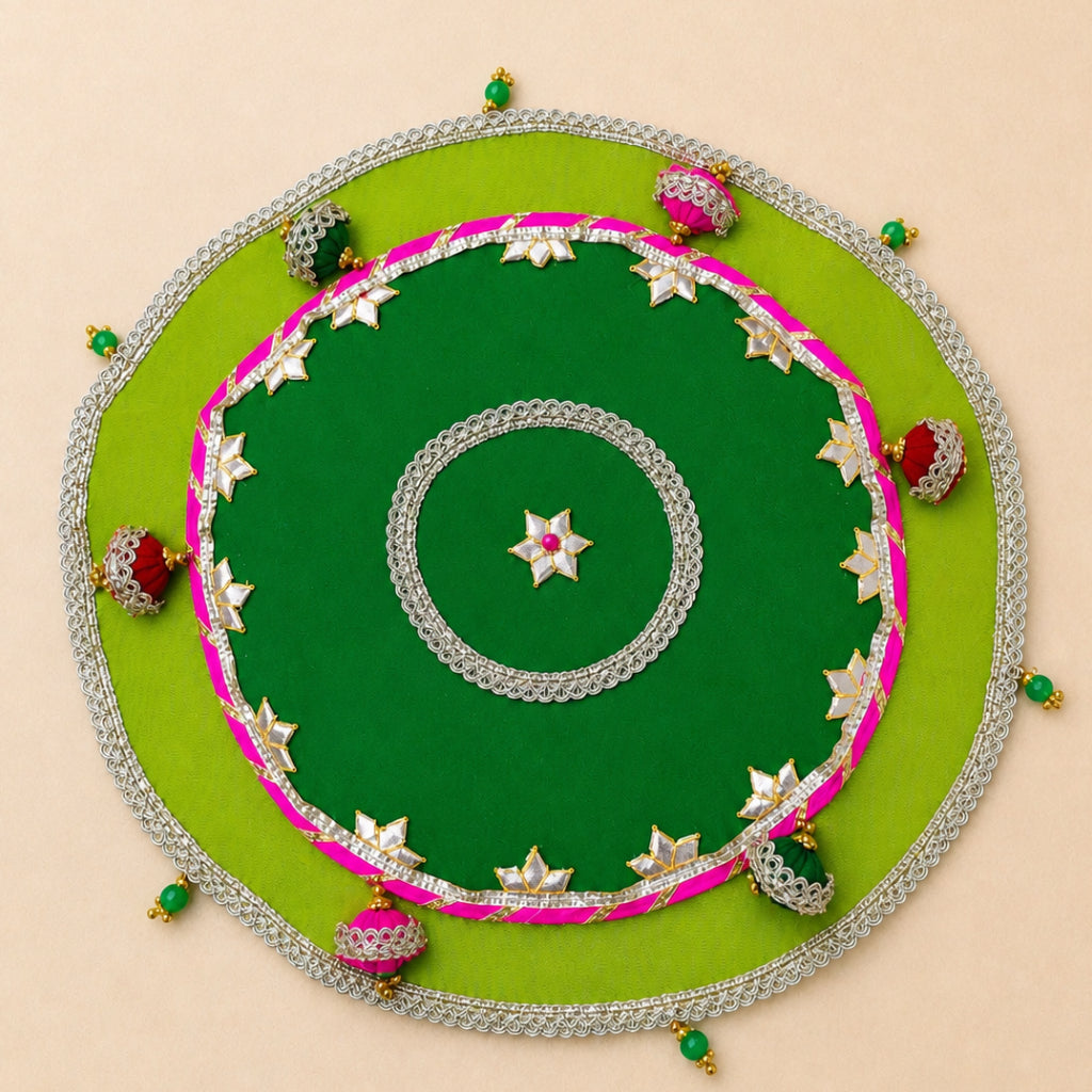 Pooja Thaal Cover 15 Inch Tissue Fabric (Multi Color)