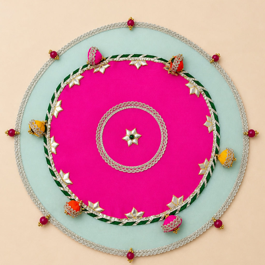 Pooja Thaal Cover 15 Inch Tissue Fabric (Multi Color)