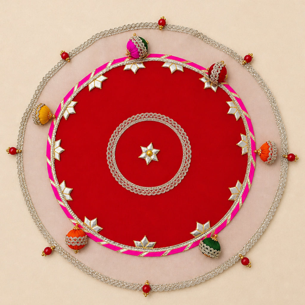 Pooja Thaal Cover 15 Inch Tissue Fabric (Multi Color)