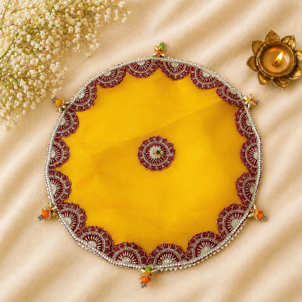 Designer Pooja Thaal Cover 15 Inch Tissue Fabric (Multi Color)