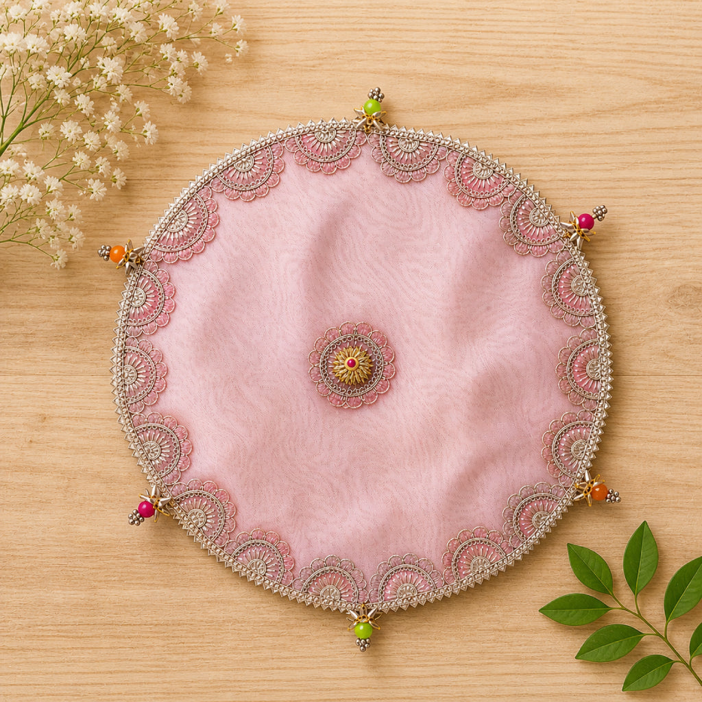 Designer Pooja Thaal Cover 15 Inch Tissue Fabric (Multi Color)