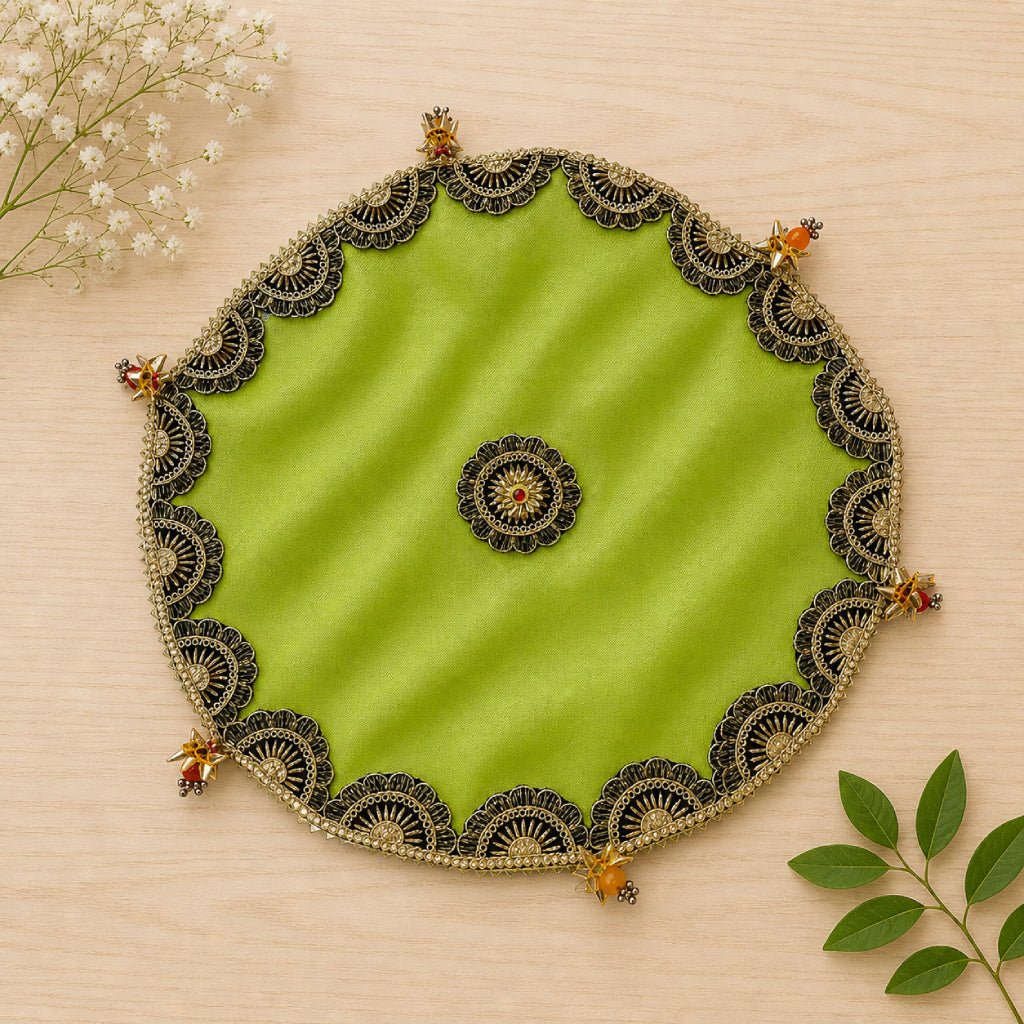Designer Pooja Thaal Cover 15 Inch Tissue Fabric (Multi Color)