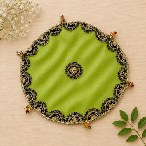 Designer Pooja Thaal Cover 15 Inch Tissue Fabric (Multi Color)