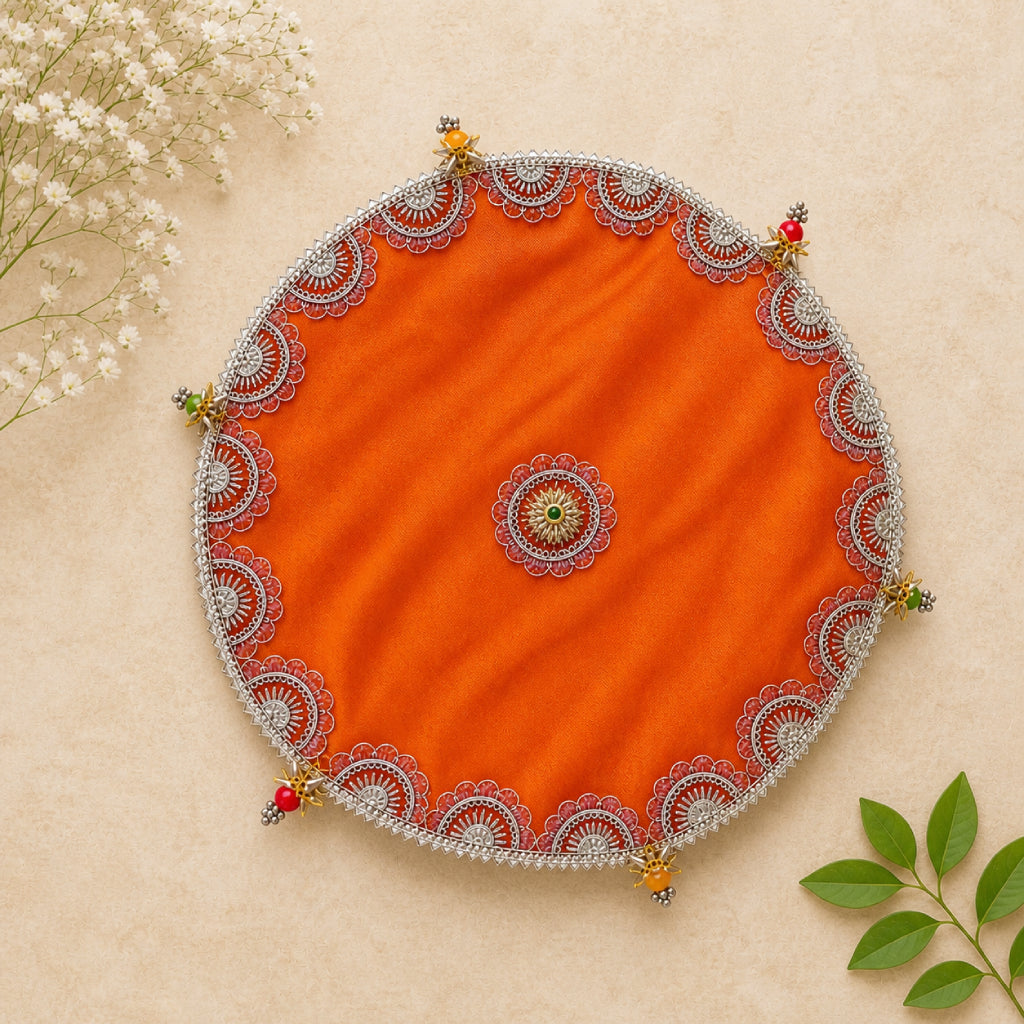 Designer Pooja Thaal Cover 15 Inch Tissue Fabric (Multi Color)