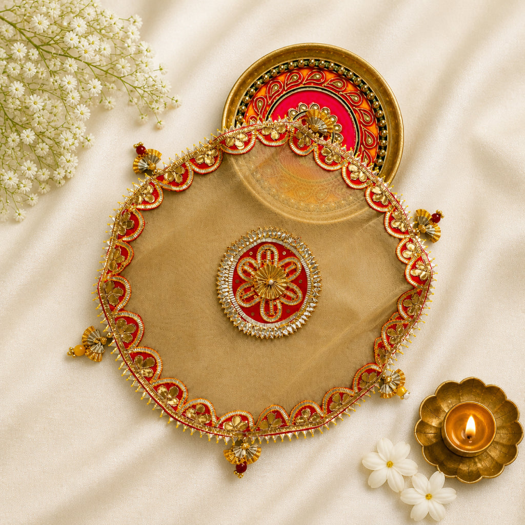 Pooja Thali Cover – Premium Fabric, Multicolor Decorative Thaal Cloth (12 Inch)