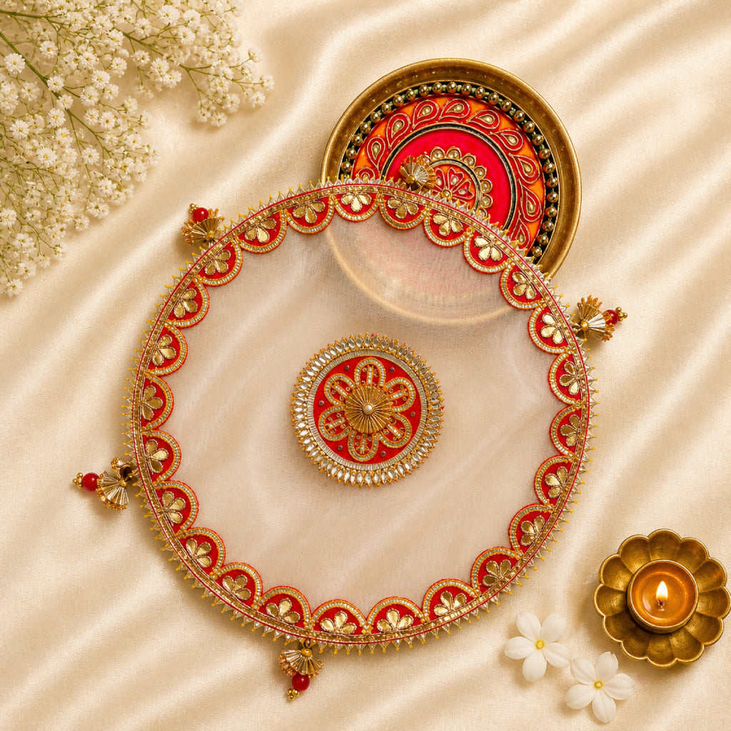 Pooja Thali Cover – Premium Fabric, Multicolor Decorative Thaal Cloth (12 Inch)