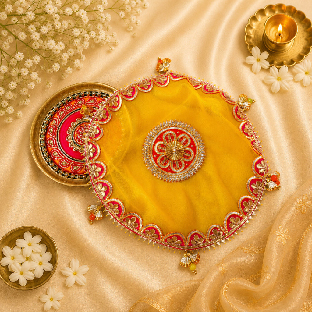 Pooja Thali Cover – Premium Fabric, Multicolor Decorative Thaal Cloth (12 Inch)