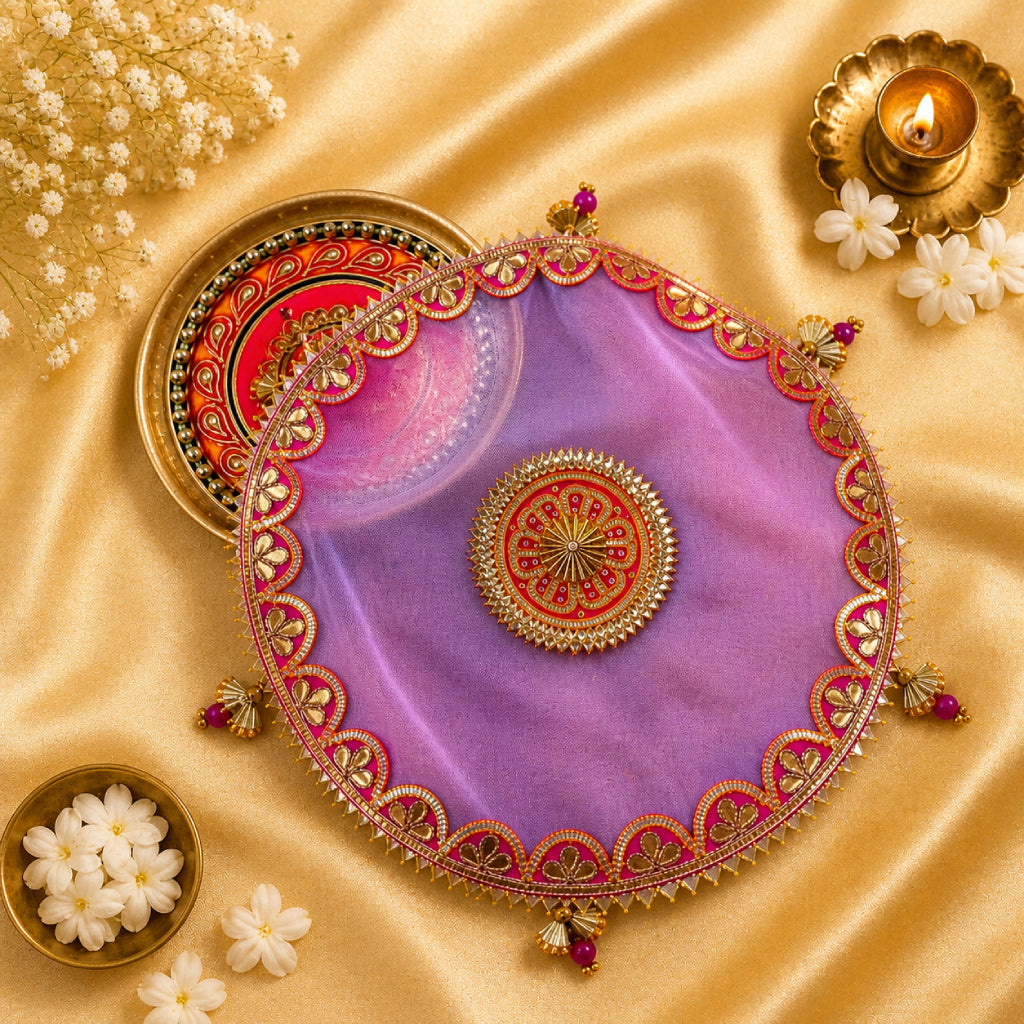 Pooja Thali Cover – Premium Fabric, Multicolor Decorative Thaal Cloth (12 Inch)