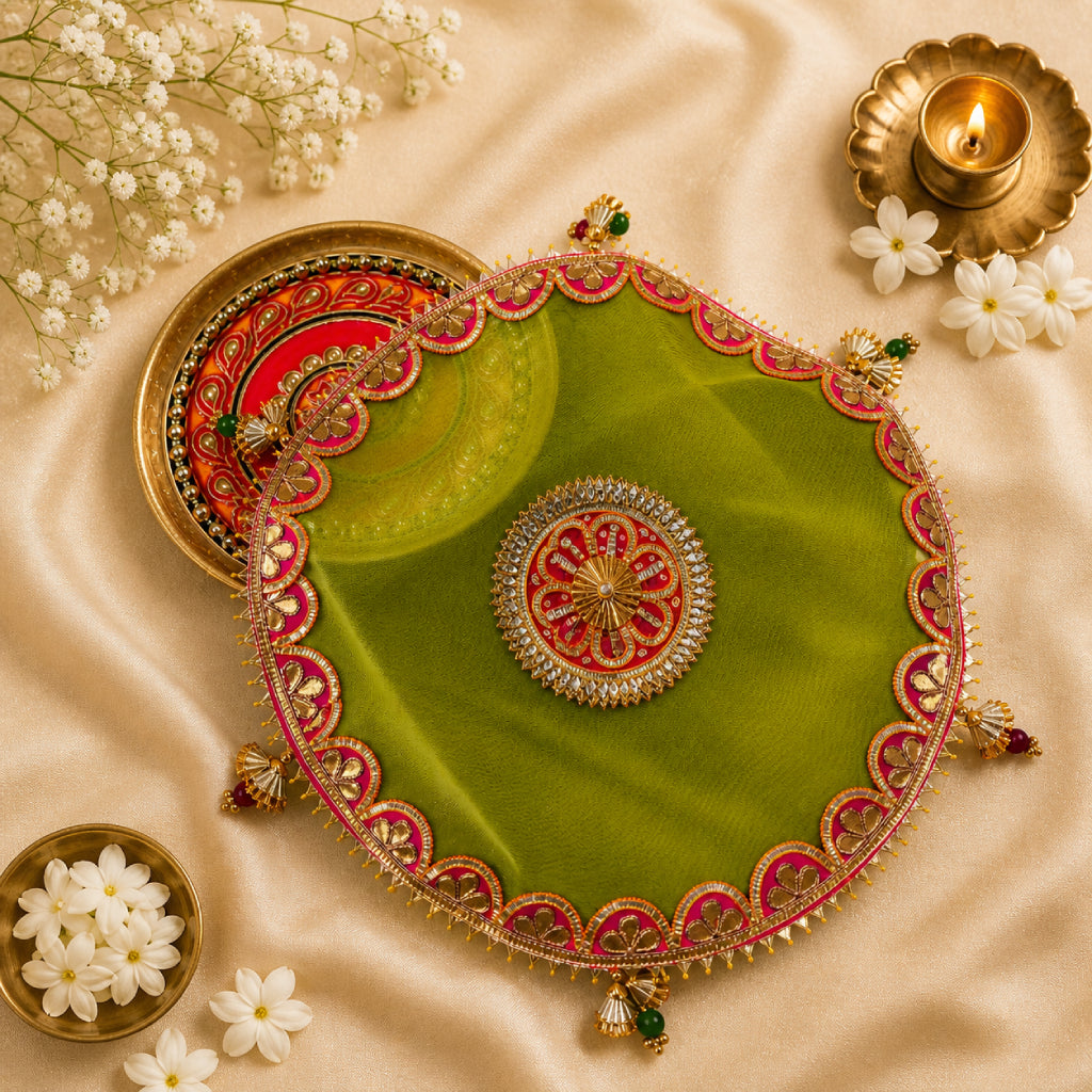 Pooja Thali Cover – Premium Fabric, Multicolor Decorative Thaal Cloth (12 Inch)