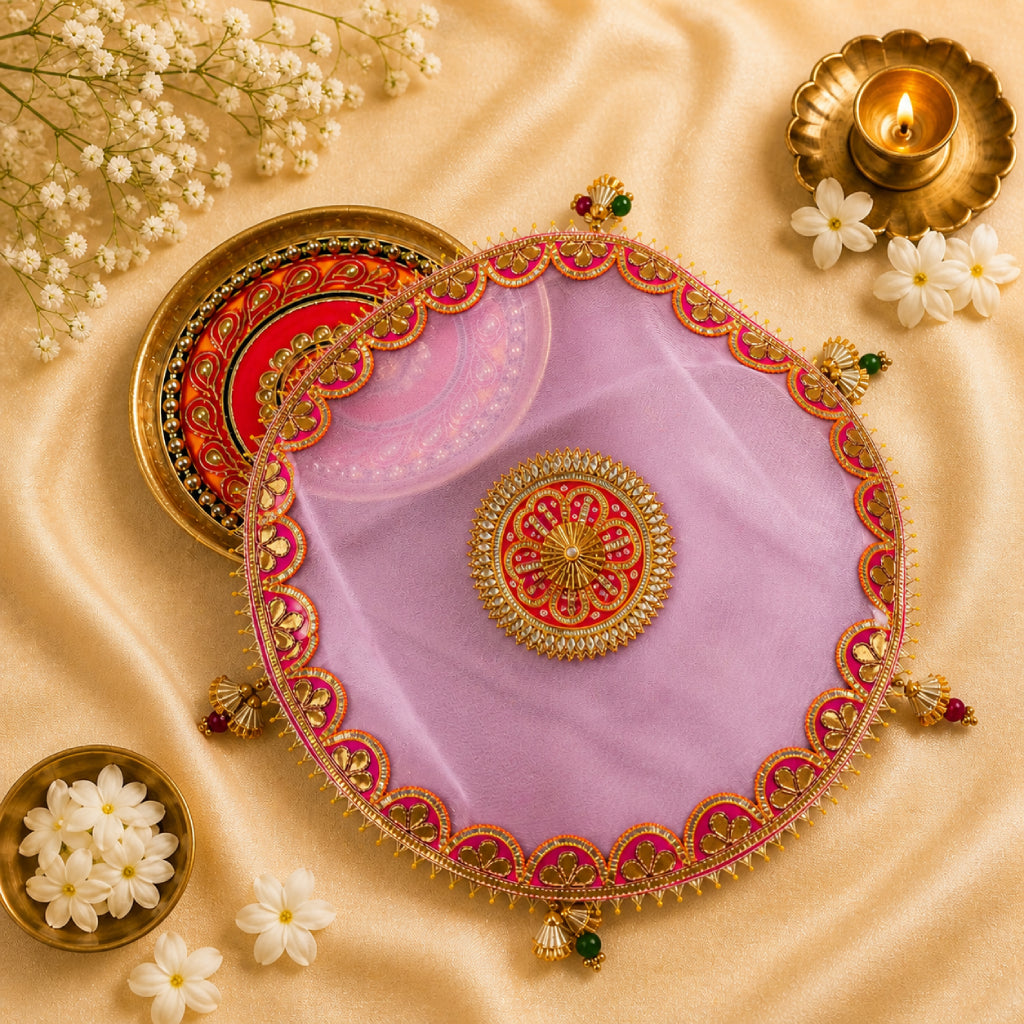 Pooja Thali Cover – Premium Fabric, Multicolor Decorative Thaal Cloth (12 Inch)