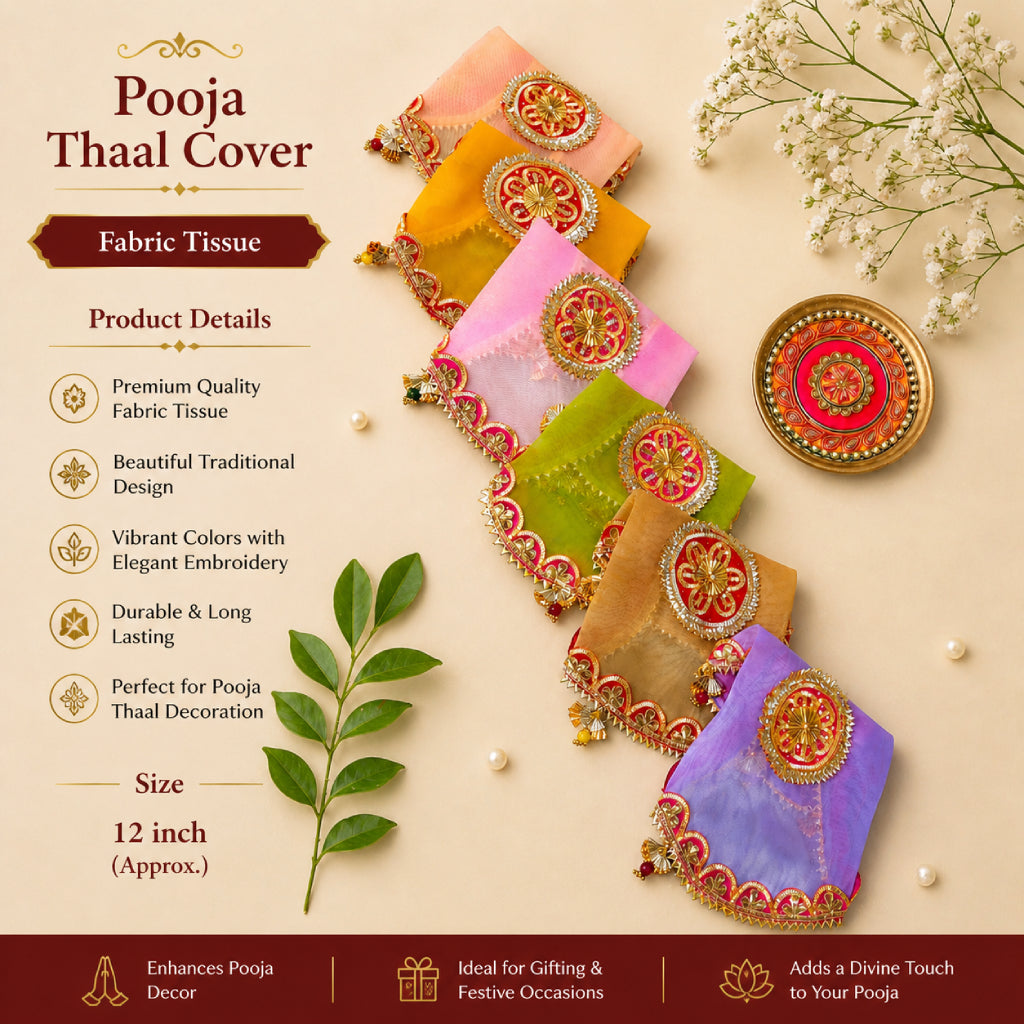 Pooja Thali Cover – Premium Fabric, Multicolor Decorative Thaal Cloth (12 Inch)