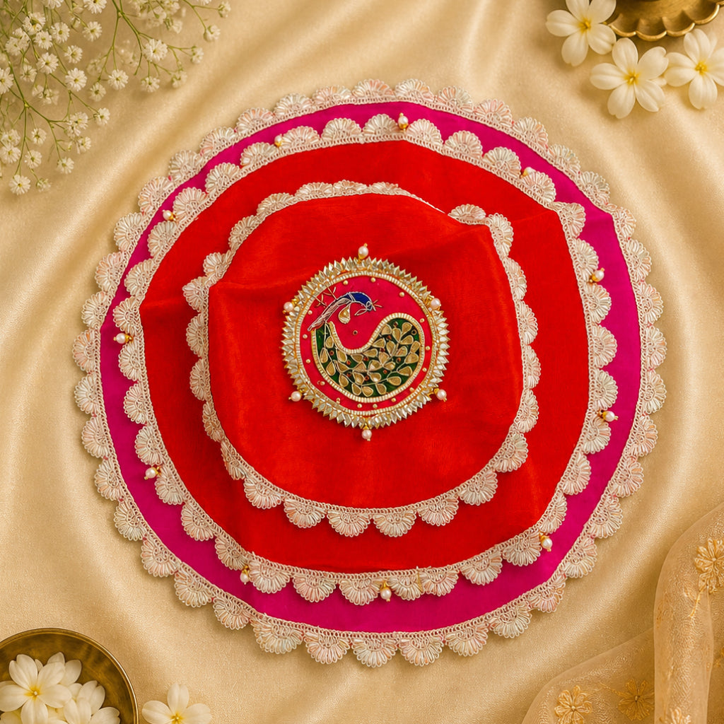 Pooja Thali Cover – 18 Inch Decorative Fabric with Fancy Lace