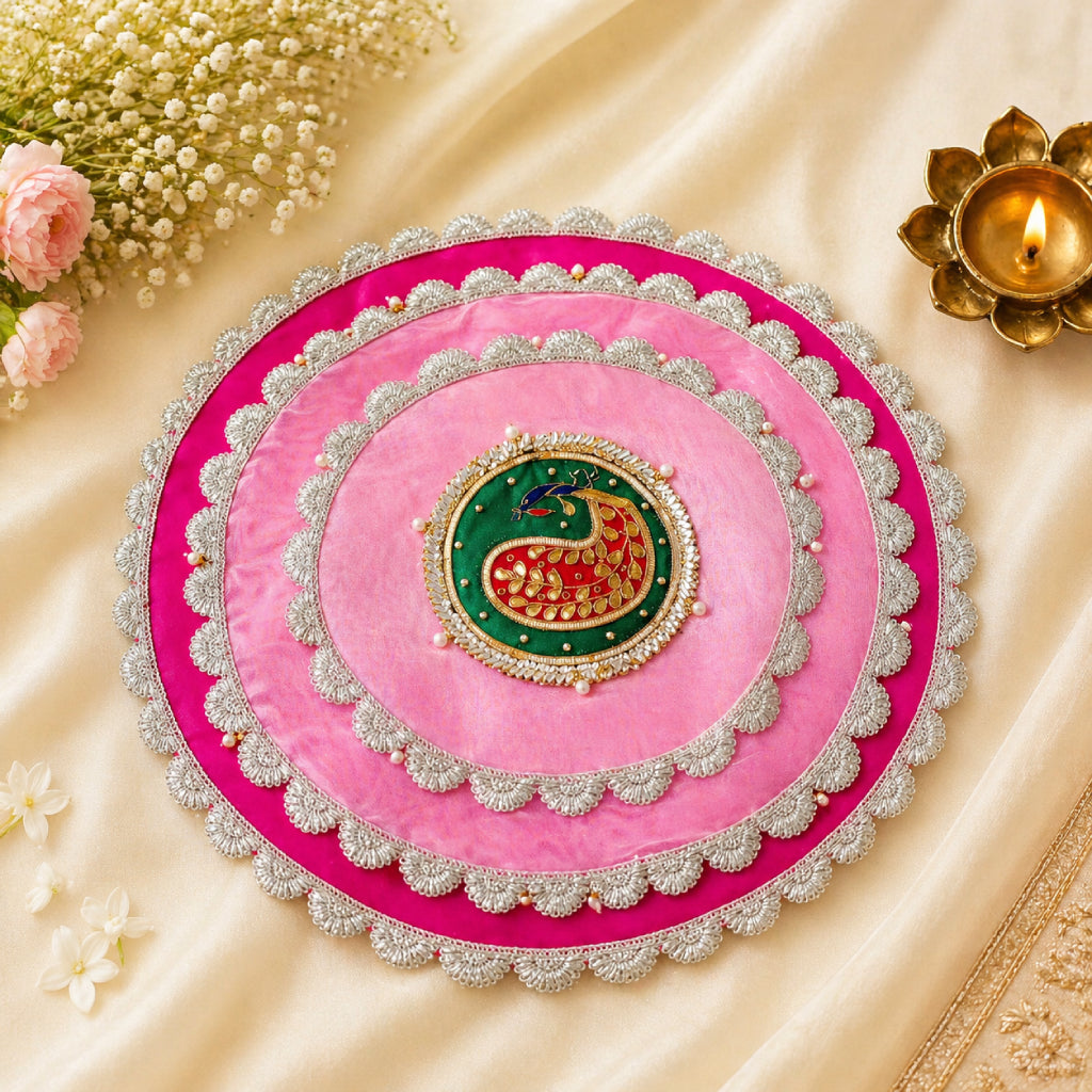 Pooja Thali Cover – 18 Inch Decorative Fabric with Fancy Lace