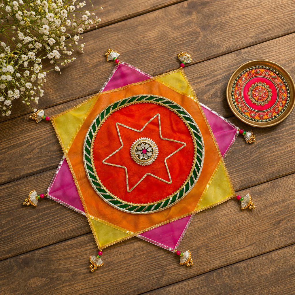 Designer Pooja Thali Cover – Premium Fabric with Lace & Multicolor Design