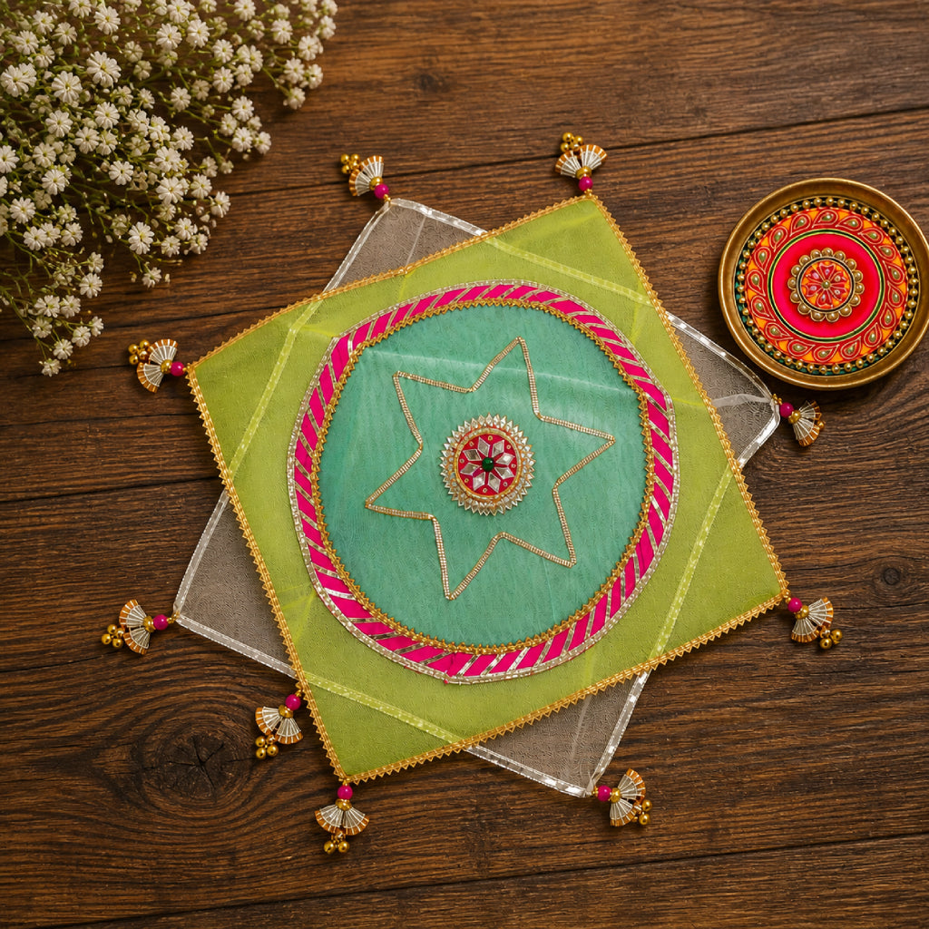 Designer Pooja Thali Cover – Premium Fabric with Lace & Multicolor Design