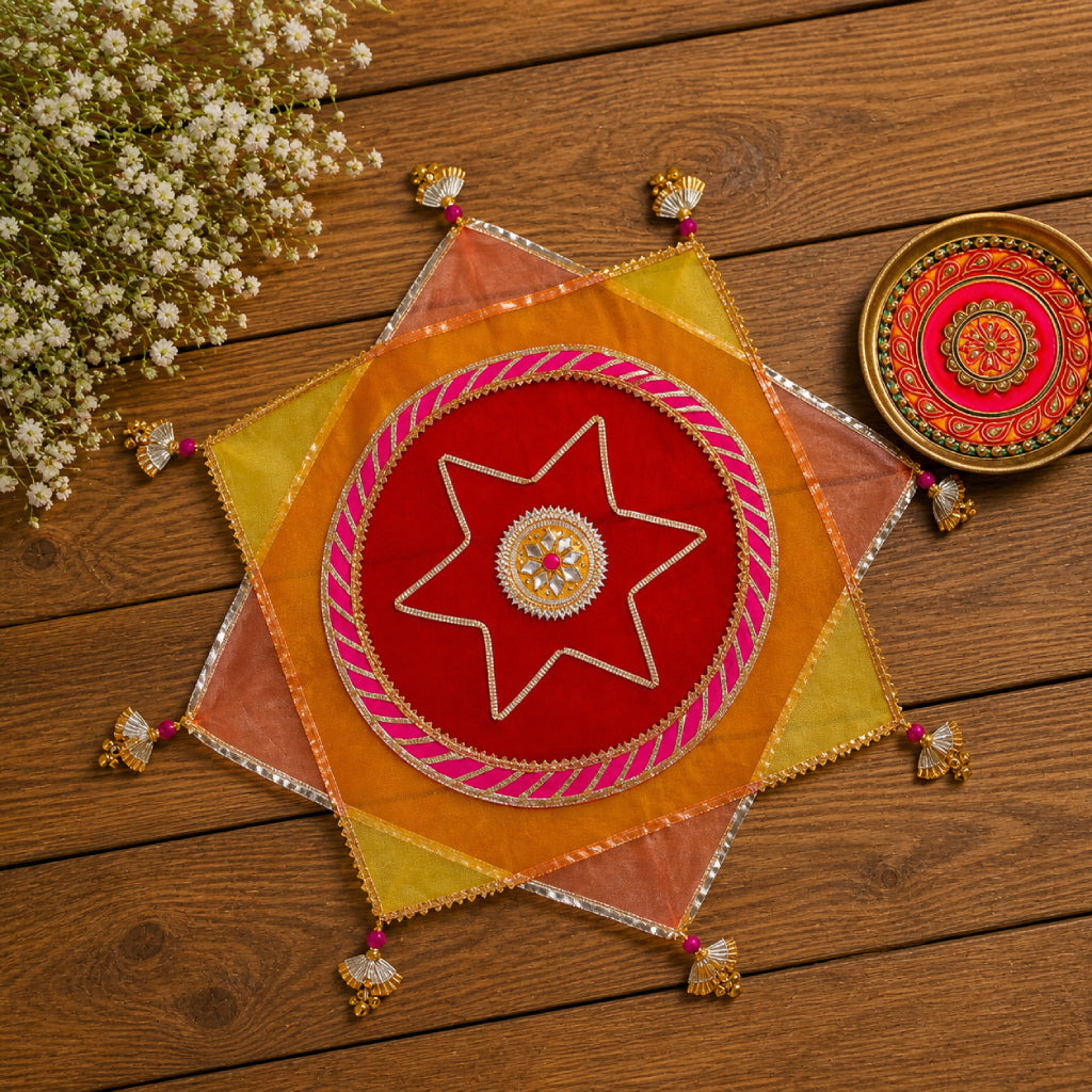 Designer Pooja Thali Cover – Premium Fabric with Lace & Multicolor Design