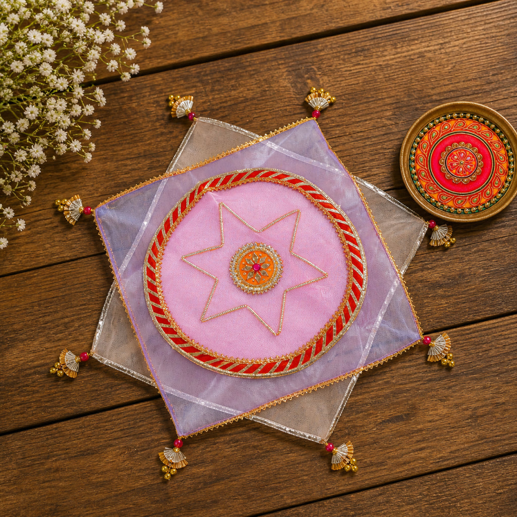 Designer Pooja Thali Cover – Premium Fabric with Lace & Multicolor Design