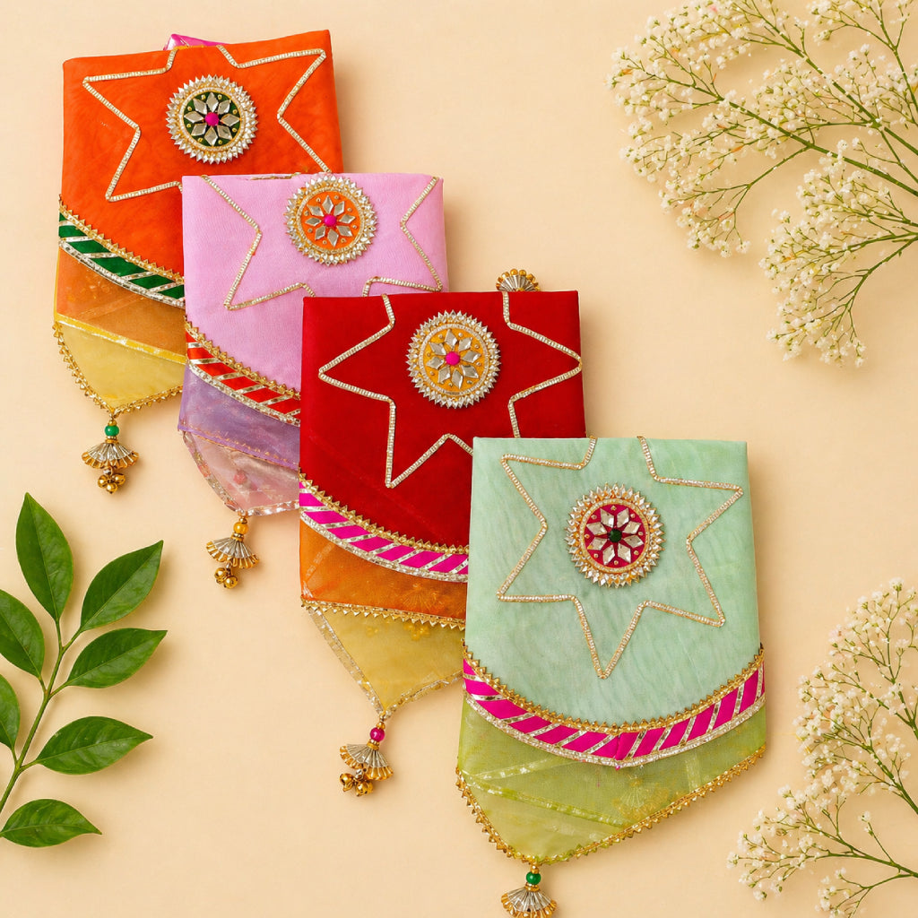 Designer Pooja Thali Cover – Premium Fabric with Lace & Multicolor Design