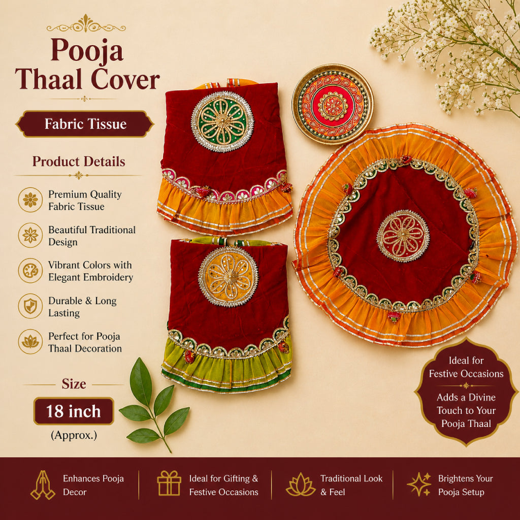 Pooja Thali Cover – 18 Inch Premium Fabric with Frill Lace Design