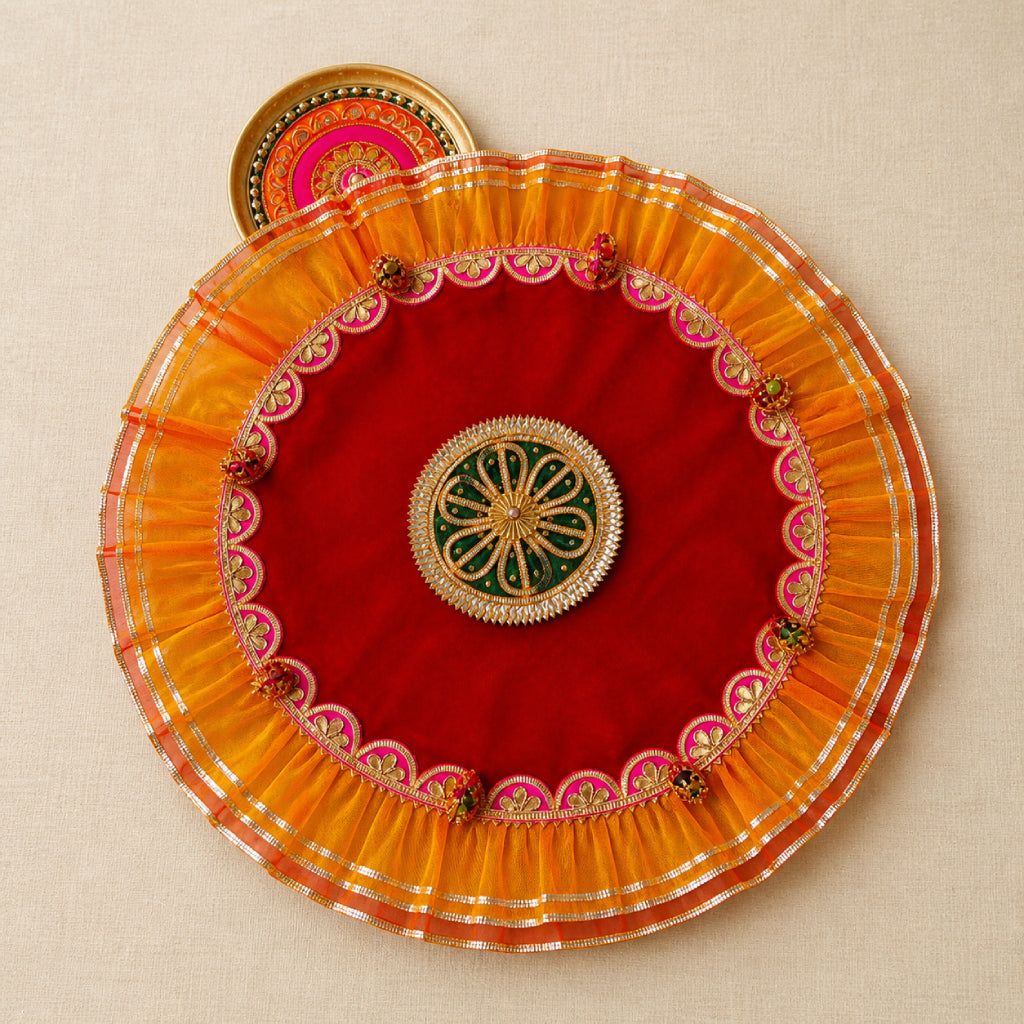 Pooja Thali Cover – 18 Inch Premium Fabric with Frill Lace Design