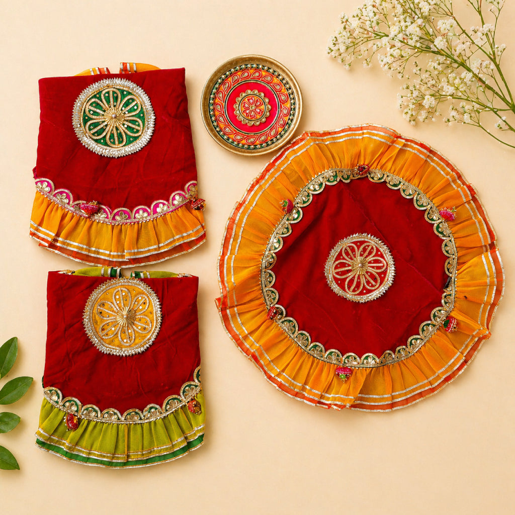 Pooja Thali Cover – 18 Inch Premium Fabric with Frill Lace Design