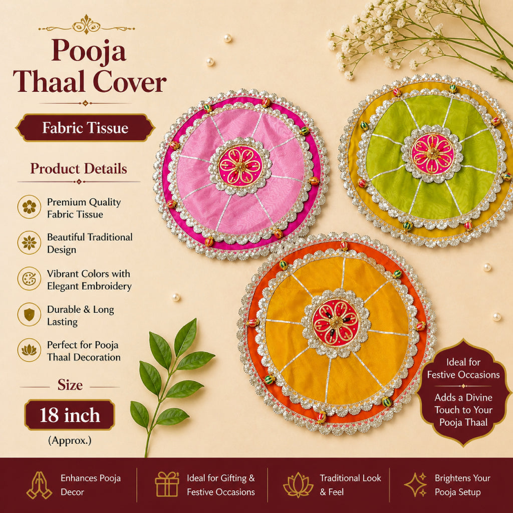 Pooja Thaal Cover – Premium Fabric | Multi Color Decorative Thali Cover (18 Inch)