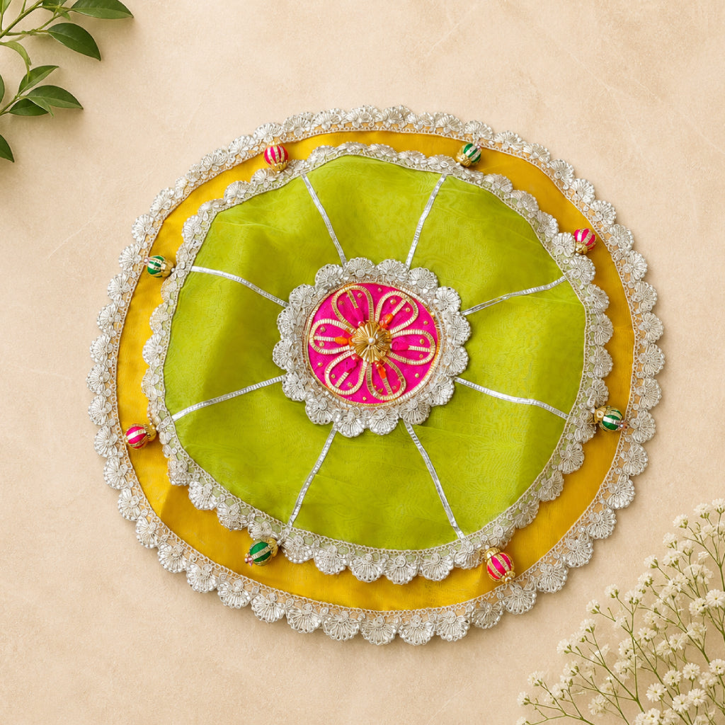Pooja Thaal Cover – Premium Fabric | Multi Color Decorative Thali Cover (18 Inch)