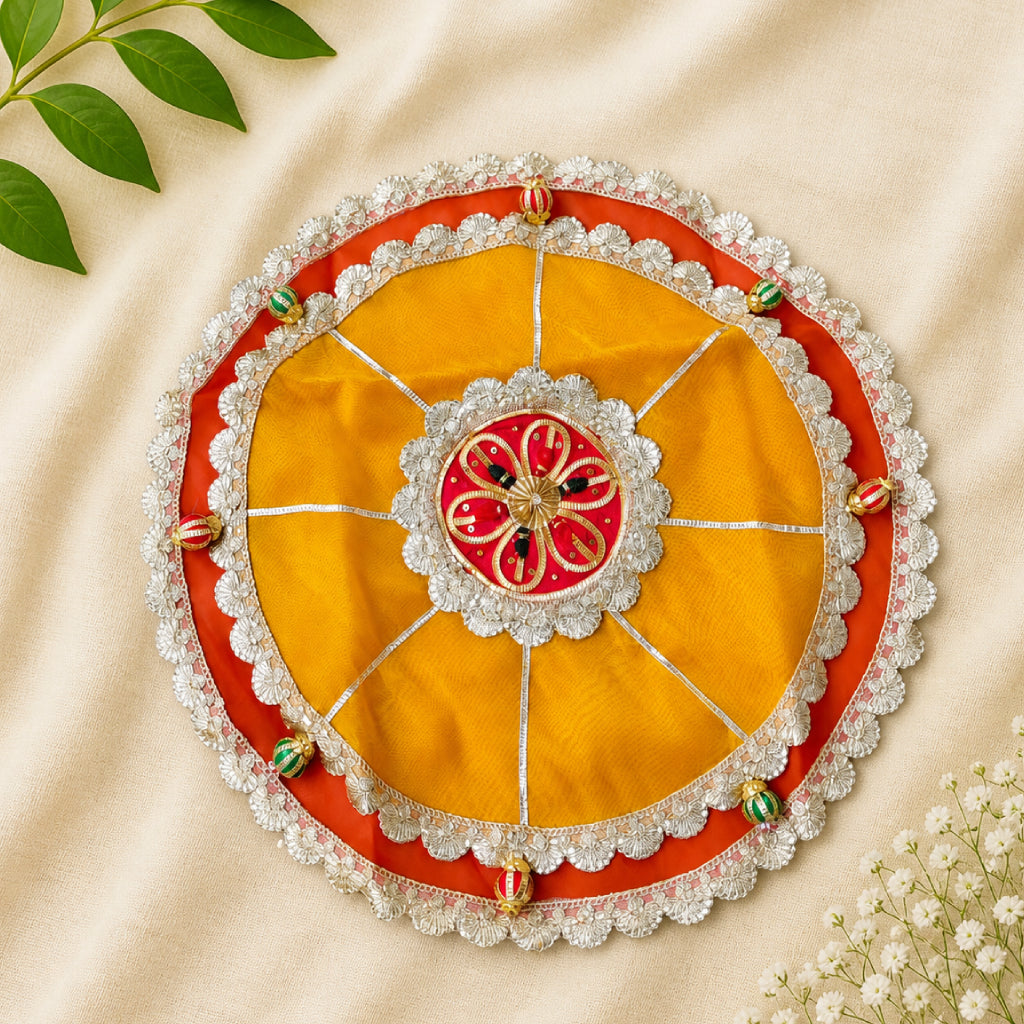 Pooja Thaal Cover – Premium Fabric | Multi Color Decorative Thali Cover (18 Inch)