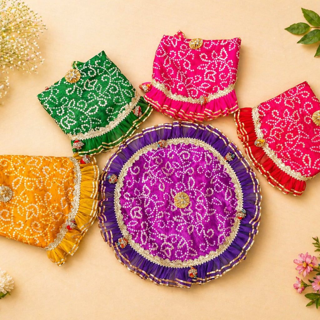 Pooja Thaal Cover – Bhandej Fabric with Tissue Lace (15 Inch)
