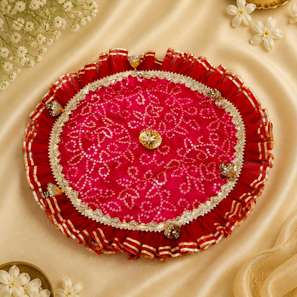 Pooja Thaal Cover – Bhandej Fabric with Tissue Lace (15 Inch)