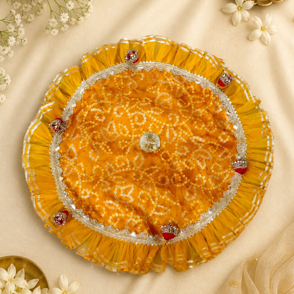 Pooja Thaal Cover – Bhandej Fabric with Tissue Lace (15 Inch)